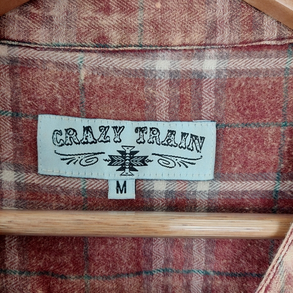 Crazy Train Plaid Bleach Splatter Button Front Shirt, M - Picture 7 of 9